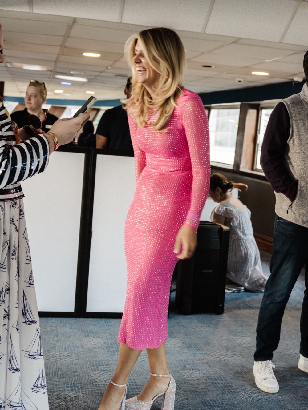 Self-Portrait Pink Long-Sleeve Sequin Midi Dress